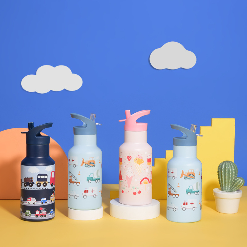 Coocodrink Cute Design 12OZ Kids Warmer Cup Stainless Steel Double Wall Thermos Vacuum Flask Supplies With Straw Kids Water Bottle