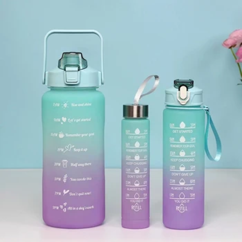 Gym Plastic Bottle 3-piece Set Sports Water Bottle Gradient Color with Time Marker Motivational Water Bottles