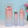 Gym Plastic Bottle 3-piece Set Sports Water Bottle Gradient Color with Time Marker Motivational Water Bottles