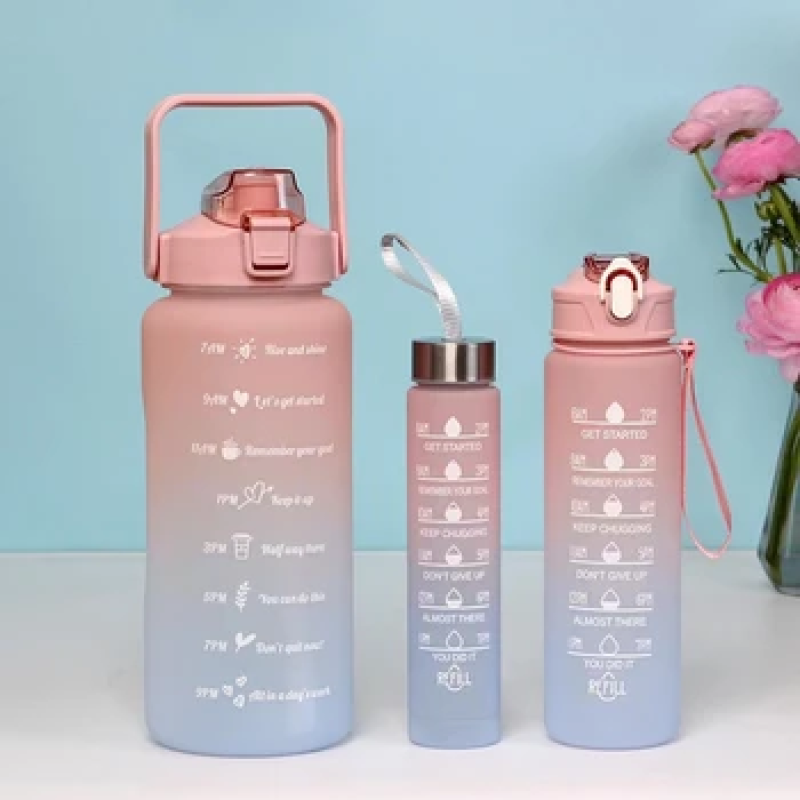 Gym Plastic Bottle 3-piece Set Sports Water Bottle Gradient Color with Time Marker Motivational Water Bottles