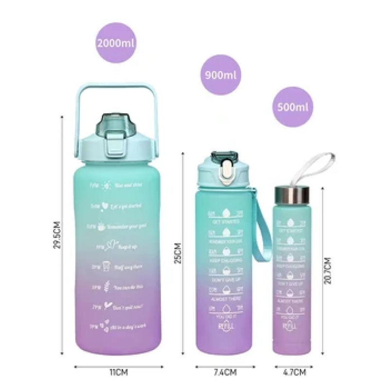 Gym Plastic Bottle 3-piece Set Sports Water Bottle Gradient Color with Time Marker Motivational Water Bottles