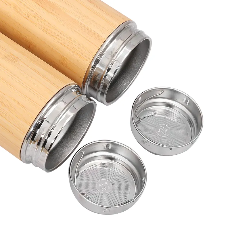 Customize Logo 450ml Laser Engraved Bamboo Wood Stainless Steel Vacuum Insulated Water Bottle Tumbler with Tea Infuser