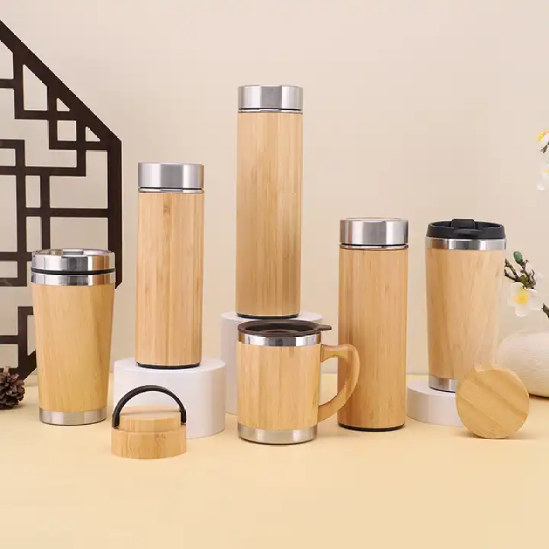 Customize Logo 450ml Laser Engraved Bamboo Wood Stainless Steel Vacuum Insulated Water Bottle Tumbler with Tea Infuser