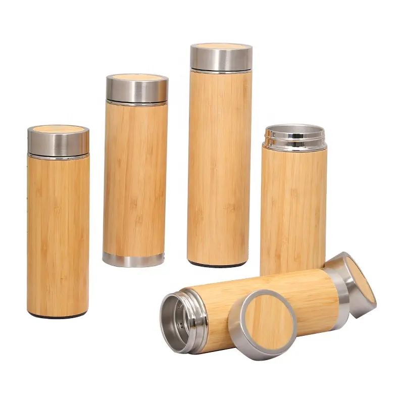 Customize Logo 450ml Laser Engraved Bamboo Wood Stainless Steel Vacuum Insulated Water Bottle Tumbler with Tea Infuser