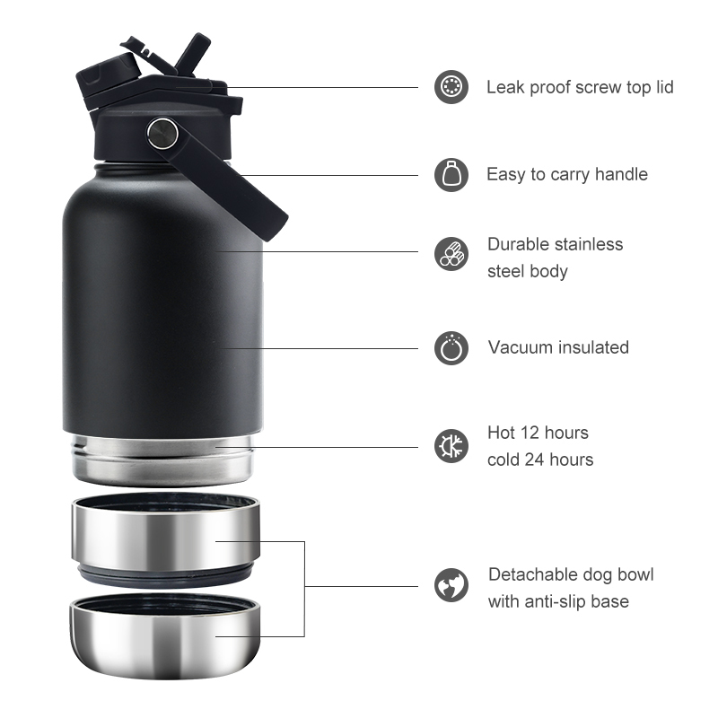 Custom Logo In Stock 3 in 1 Portable 32oz Stainless Steel Insulated Dog Water Bottle with Bowl for Outdoor Travel Drinking