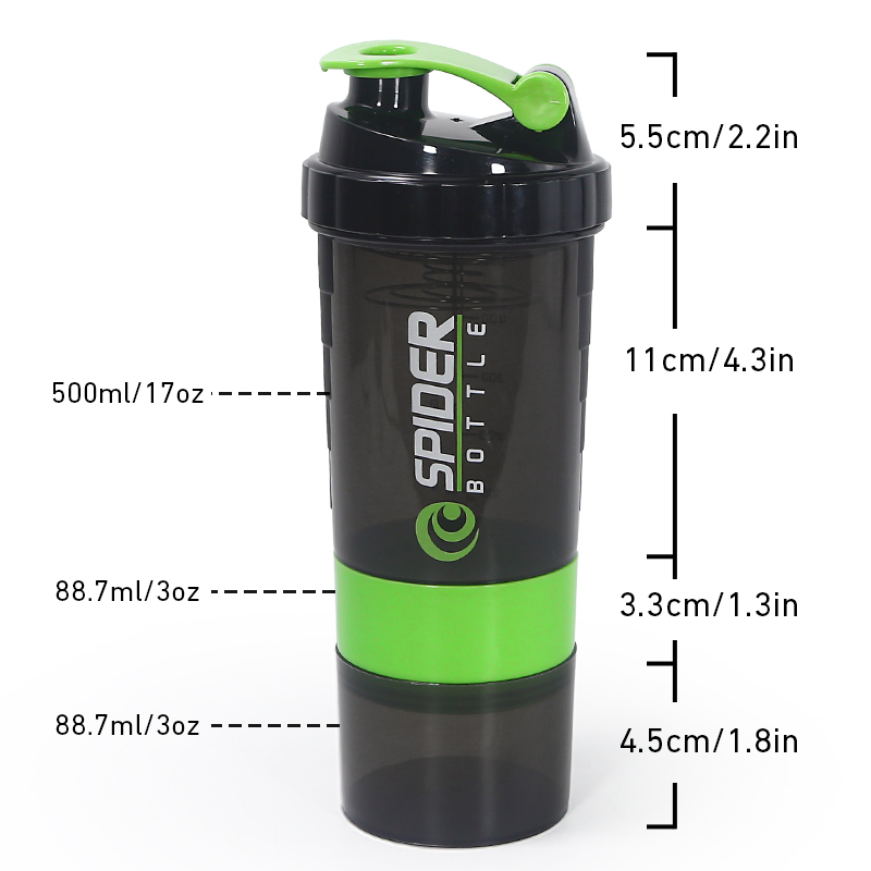 Custom Logo Bpa Free 500ml Black Three Layers Plastic Gym Fitness Protein Shaker Bottle Sport Gym Water Bottle with Tick Marker