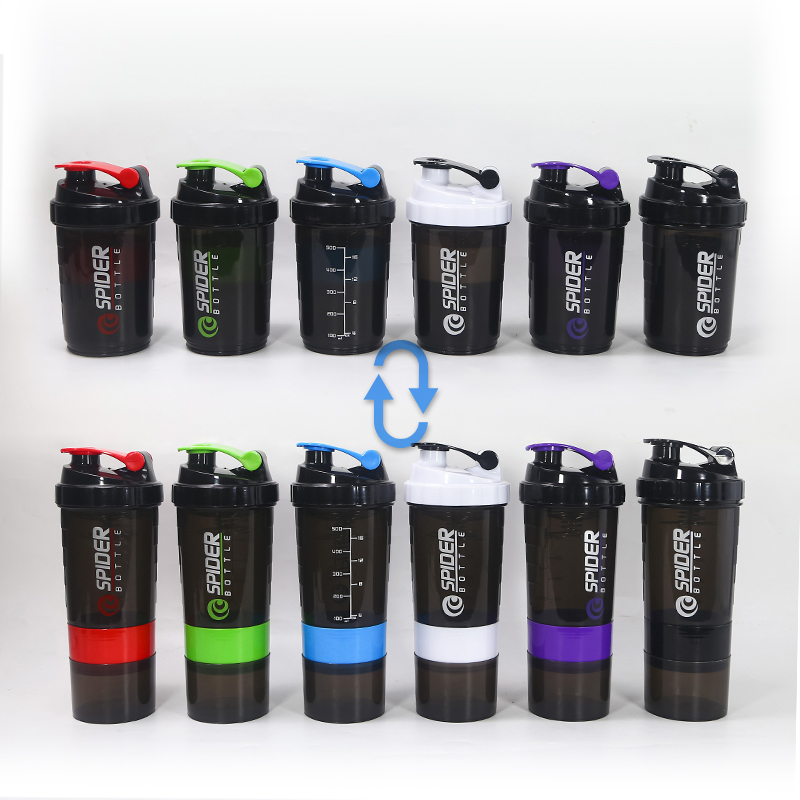 Custom Logo Bpa Free 500ml Black Three Layers Plastic Gym Fitness Protein Shaker Bottle Sport Gym Water Bottle with Tick Marker