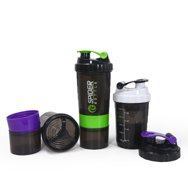 Custom Logo Bpa Free 500ml Black Three Layers Plastic Gym Fitness Protein Shaker Bottle Sport Gym Water Bottle with Tick Marker
