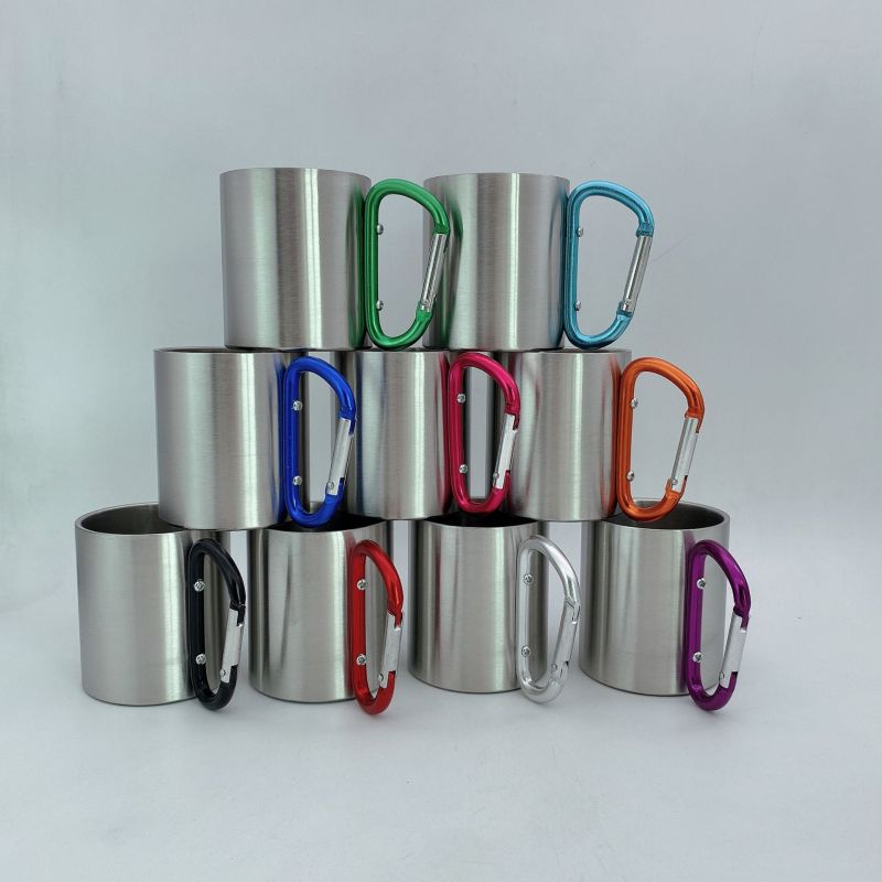 220ml 300ml Outdoor Hiking Camping Travel Portable Stainless Steel Coffee Cup Double Walled Carabiner Mug with Handle