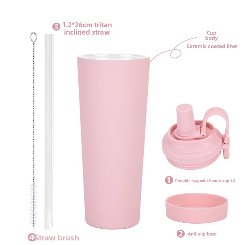 New Cross-Border 830ml Double Wall Vacuum Stainless Steel Thermos Cup Straw Magnetic Handle 12-24 Hours Portable Hot/Cold