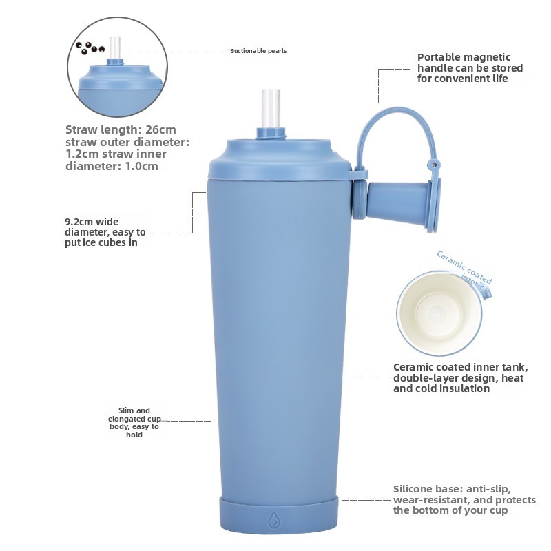 New Cross-Border 830ml Double Wall Vacuum Stainless Steel Thermos Cup Straw Magnetic Handle 12-24 Hours Portable Hot/Cold