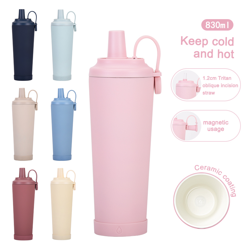 New Cross-Border 830ml Double Wall Vacuum Stainless Steel Thermos Cup Straw Magnetic Handle 12-24 Hours Portable Hot/Cold
