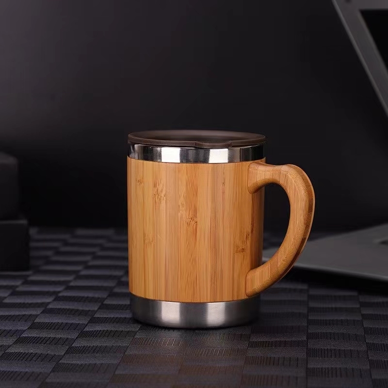 Vacuum Insulated Travel Bamboo Mug Thermos Flask Stainless Steel Bamboo Coffee Mug With Lids and Handle