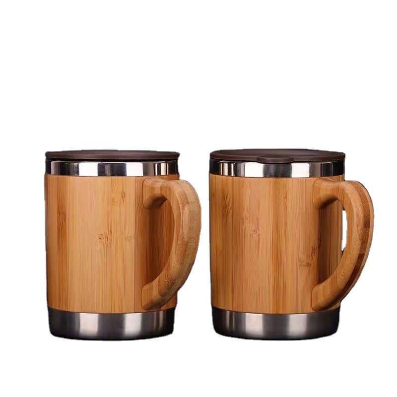 Vacuum Insulated Travel Bamboo Mug Thermos Flask Stainless Steel Bamboo Coffee Mug With Lids and Handle