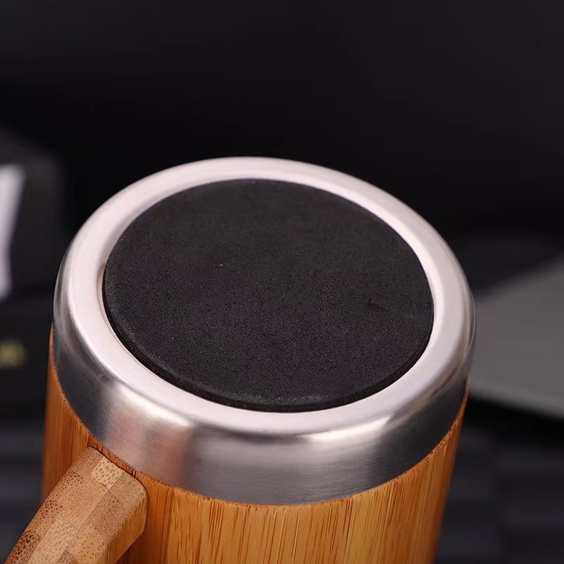 Vacuum Insulated Travel Bamboo Mug Thermos Flask Stainless Steel Bamboo Coffee Mug With Lids and Handle