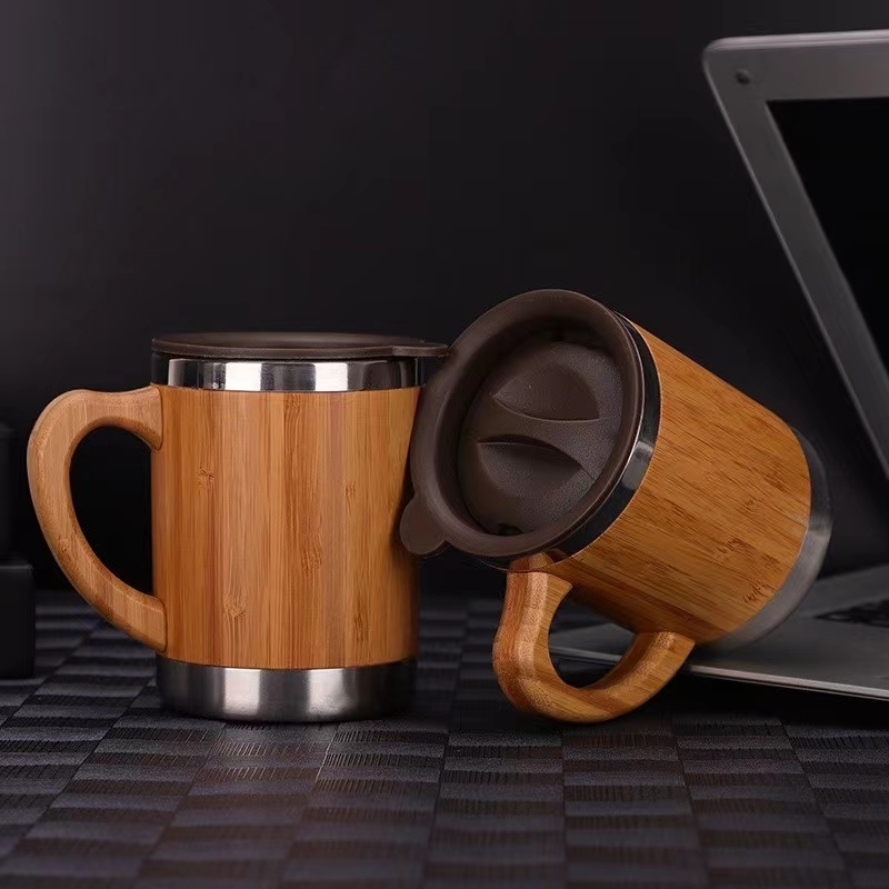 Vacuum Insulated Travel Bamboo Mug Thermos Flask Stainless Steel Bamboo Coffee Mug With Lids and Handle