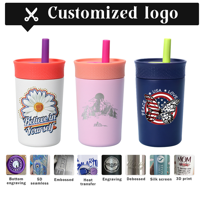 Coocodrink Custom logo Double Wall Vacuum Coffee Mug Stainless Steel Insulated 12oz Kids Tumbler with Straw