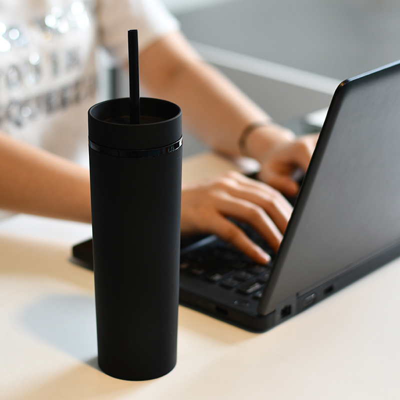 Cross-Border Spot Skinny Double-Layer Plastic Cup Custom Simple Rubber Paint Cup 16Oz Sealed Straight Straw Cup BPA Free