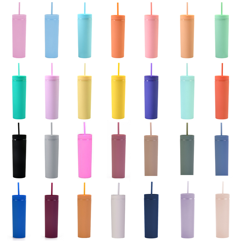Cross-Border Spot Skinny Double-Layer Plastic Cup Custom Simple Rubber Paint Cup 16Oz Sealed Straight Straw Cup BPA Free