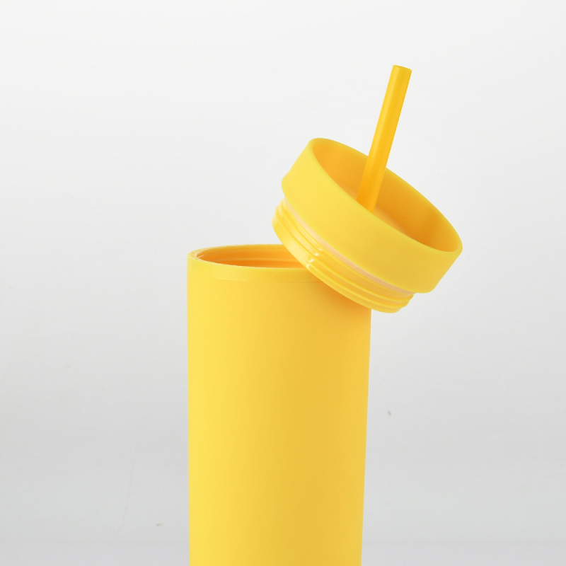 Cross-Border Spot Skinny Double-Layer Plastic Cup Custom Simple Rubber Paint Cup 16Oz Sealed Straight Straw Cup BPA Free