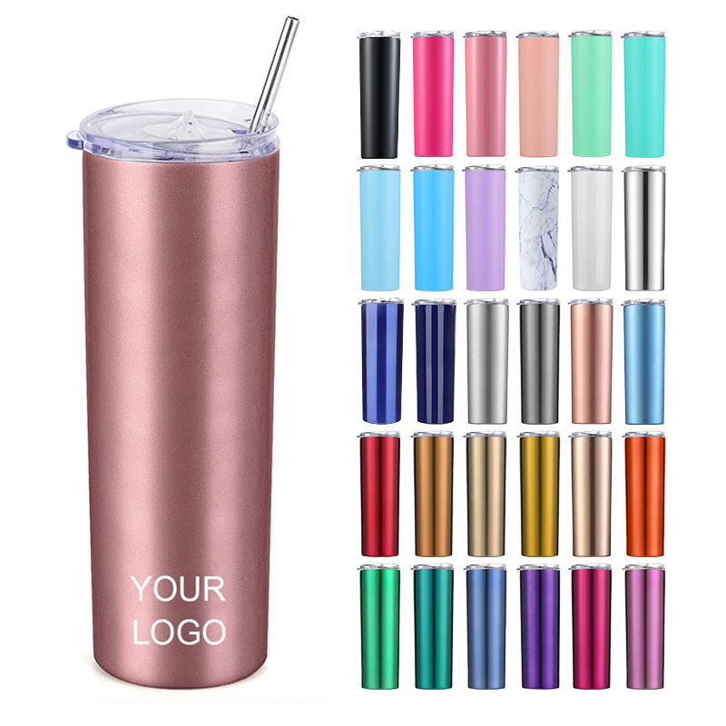 Coocodrink Promotion Gifts Travel Mug Double Wall Thermo Stainless Steel 20 oz Skinny Slim Cylinder Tumbler Cups with Sliding Lid and Straw