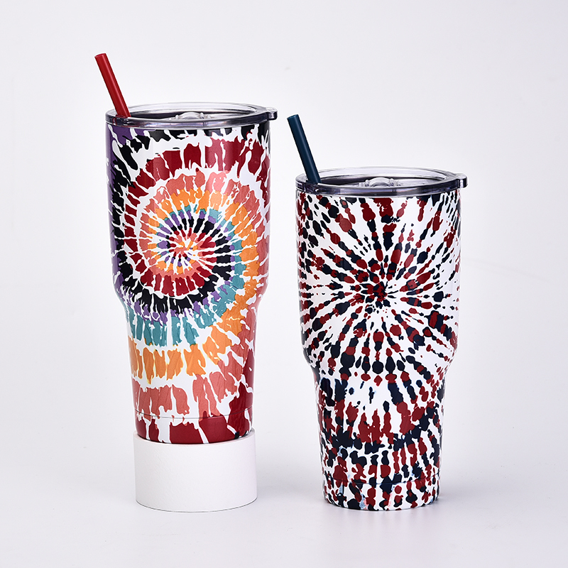 New 30OZ Tie Dye Stainless Steel Tumbler Creative Outdoor Coffee and Water Cup with Straw Large Capacity Ice Cream Tumbler