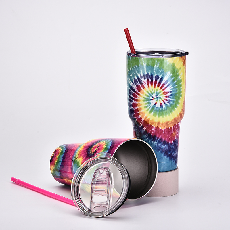 New 30OZ Tie Dye Stainless Steel Tumbler Creative Outdoor Coffee and Water Cup with Straw Large Capacity Ice Cream Tumbler