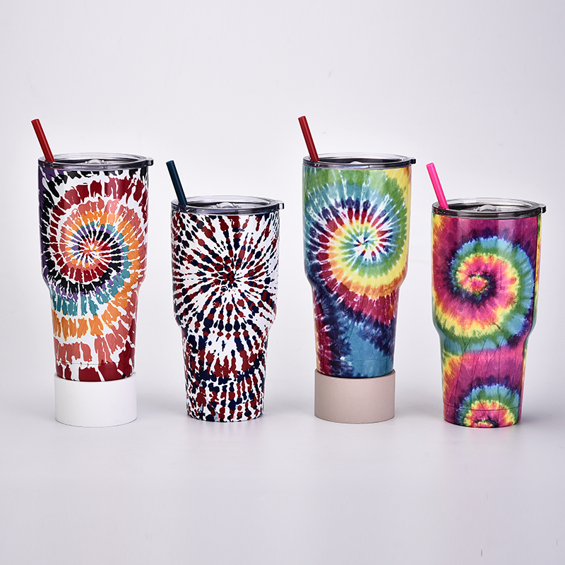 New 30OZ Tie Dye Stainless Steel Tumbler Creative Outdoor Coffee and Water Cup with Straw Large Capacity Ice Cream Tumbler