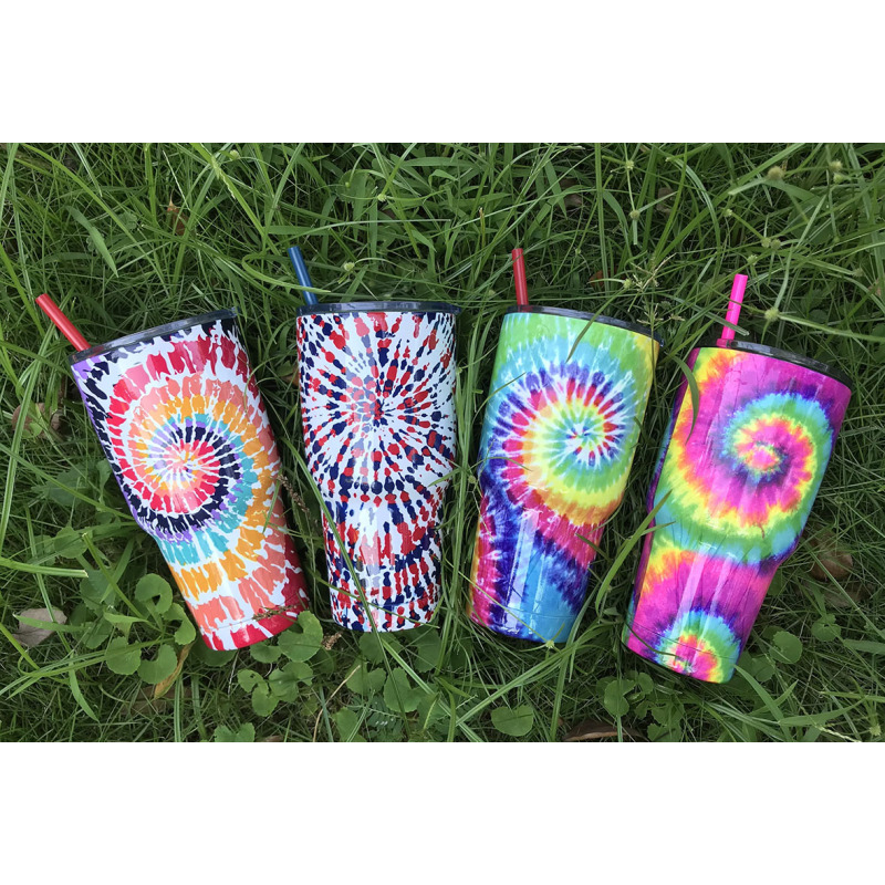 New 30OZ Tie Dye Stainless Steel Tumbler Creative Outdoor Coffee and Water Cup with Straw Large Capacity Ice Cream Tumbler