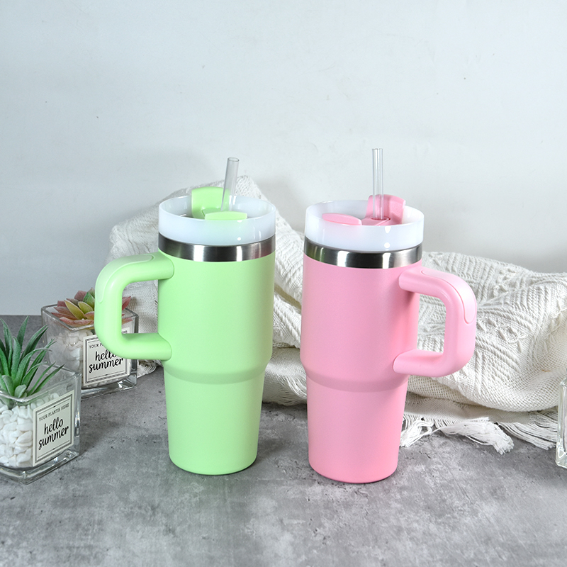 Coocodrink Custom logo 14 oz Stainless Steel Double Wall Vacuum Powder Coated Travel Coffee Mug 14oz Kids Tumbler with Handle and Straw