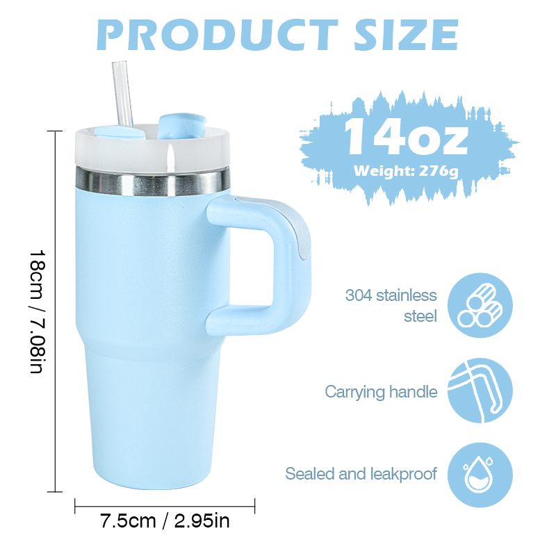 Coocodrink Custom logo 14 oz Stainless Steel Double Wall Vacuum Powder Coated Travel Coffee Mug 14oz Kids Tumbler with Handle and Straw