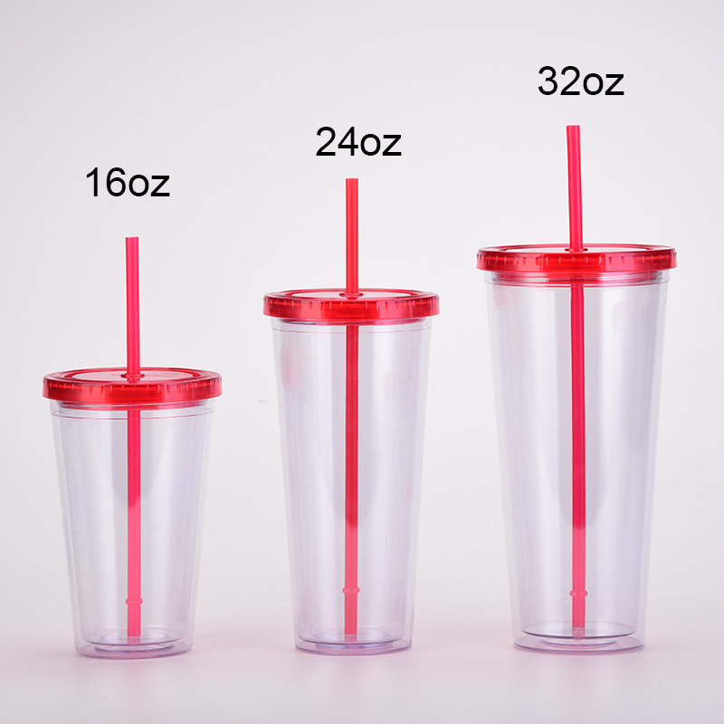 Factory Spot 24Oz Plastic Straw Cup with Lid Reusable BPA Free Leak-Proof Transparent Cold Drink Cup Custom Logo Printing