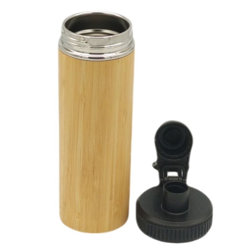 Coocodrink 450ml Eco-Friendly Bamboo Cup Double Wall Stainless Steel Water Bottle Bamboo Vacuum Flask