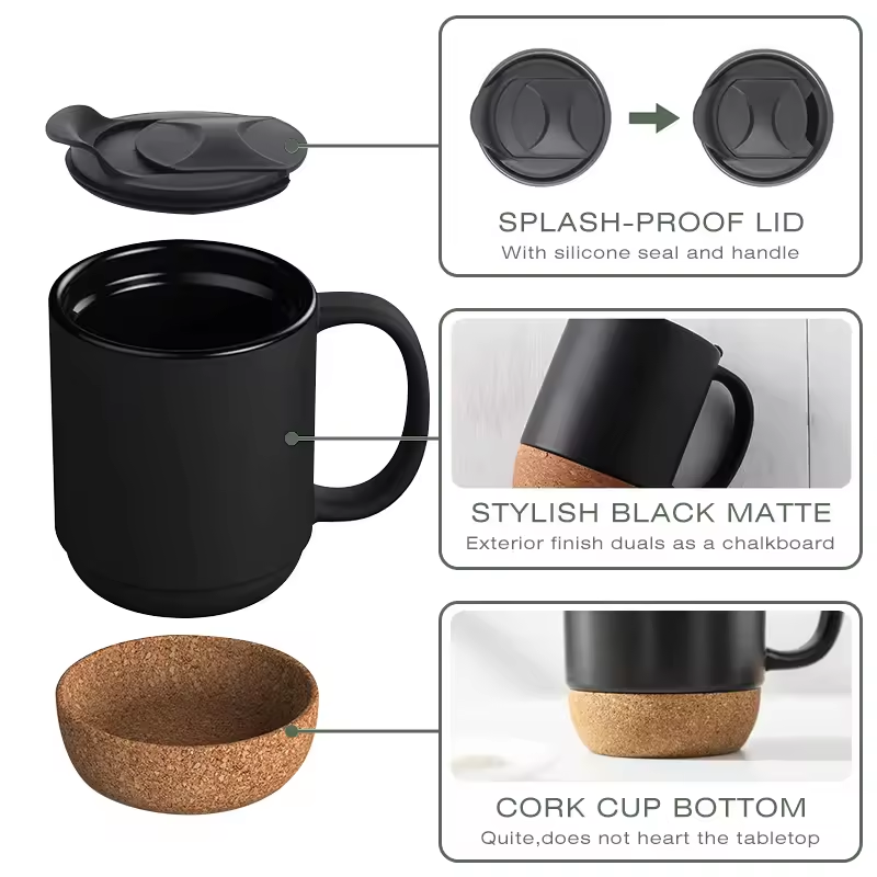 Coocodrink Custom Logo Creative 12oz 350ml Gift Office Home Indoor Milk Coffee Tea Cup Ceramic Mug with Cork Bottom Base and Sliding Lids