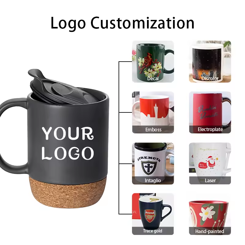 Coocodrink Custom Logo Creative 12oz 350ml Gift Office Home Indoor Milk Coffee Tea Cup Ceramic Mug with Cork Bottom Base and Sliding Lids