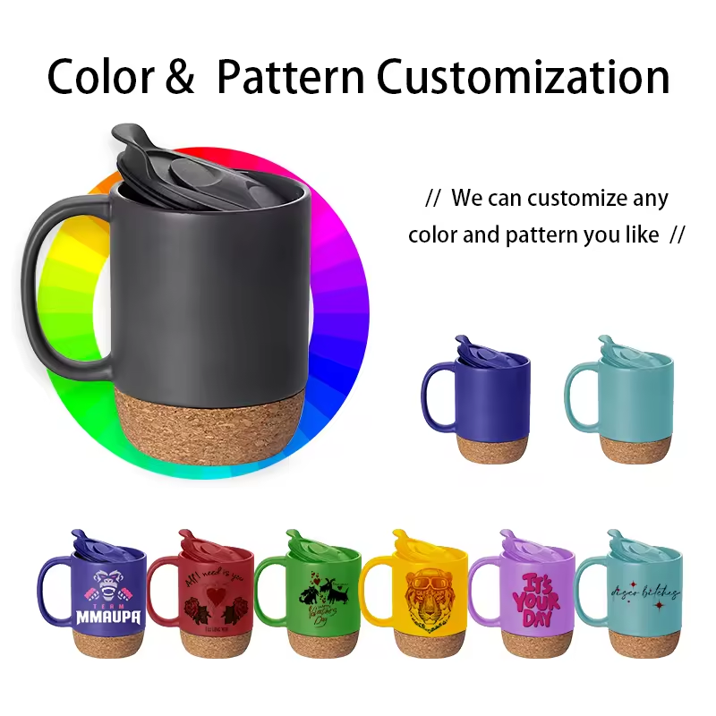 Coocodrink Custom Logo Creative 12oz 350ml Gift Office Home Indoor Milk Coffee Tea Cup Ceramic Mug with Cork Bottom Base and Sliding Lids