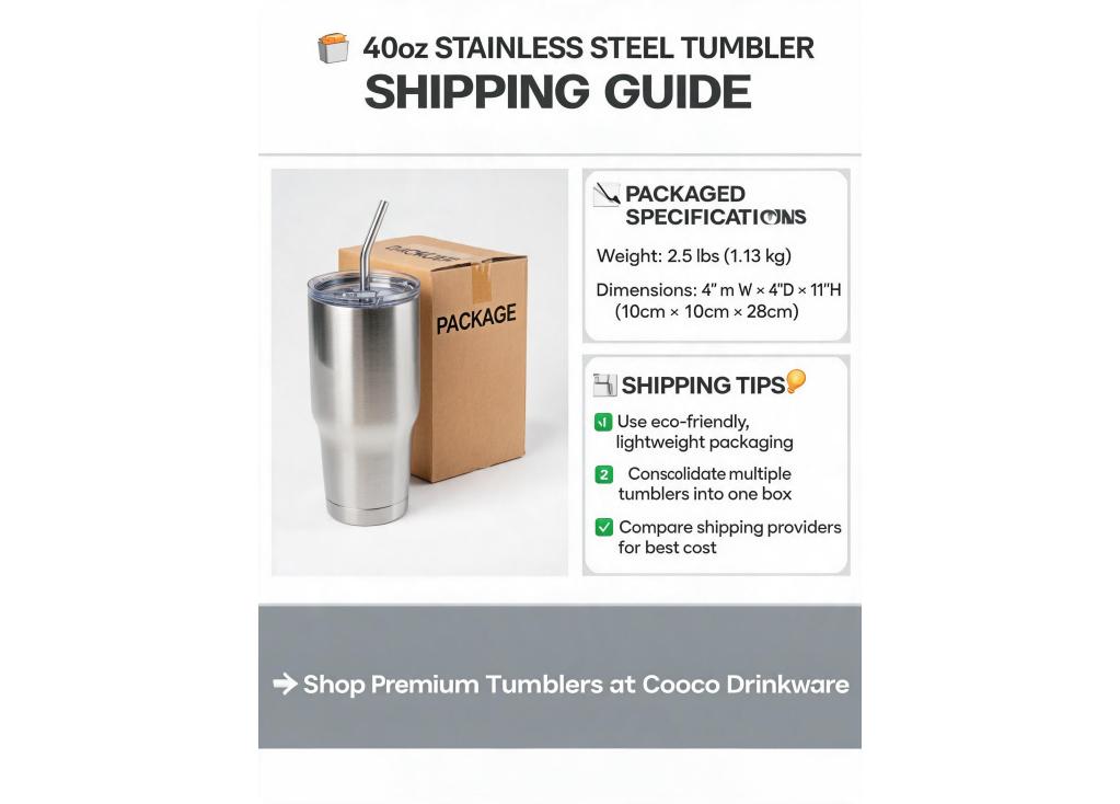 What is the packaged weight and dimensions for a 40oz stainless steel tumbler for shipping cost calculation?