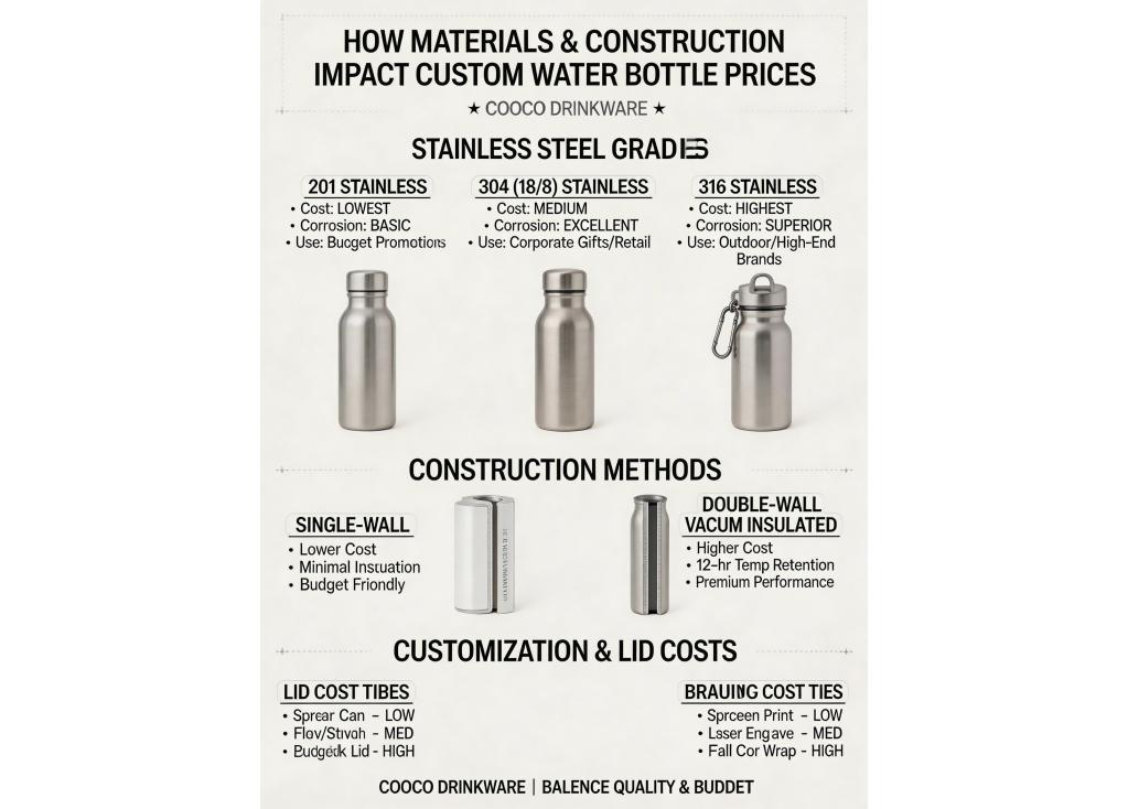 Are there different material grades or construction methods that affect the price of custom water bottles?