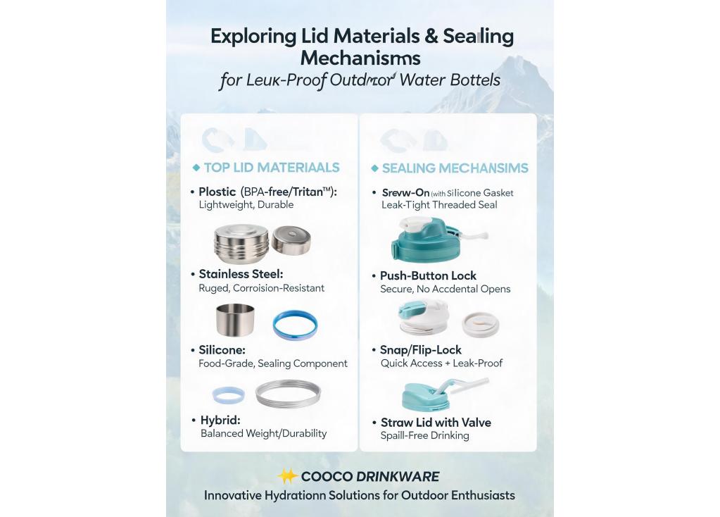 What are the options for lid materials and sealing mechanisms for leak-proof outdoor water bottles?