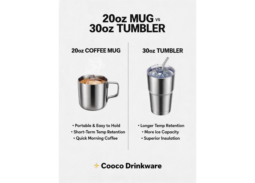 What is the performance comparison between a 20oz coffee mug and a 30oz tumbler for temperature retention?