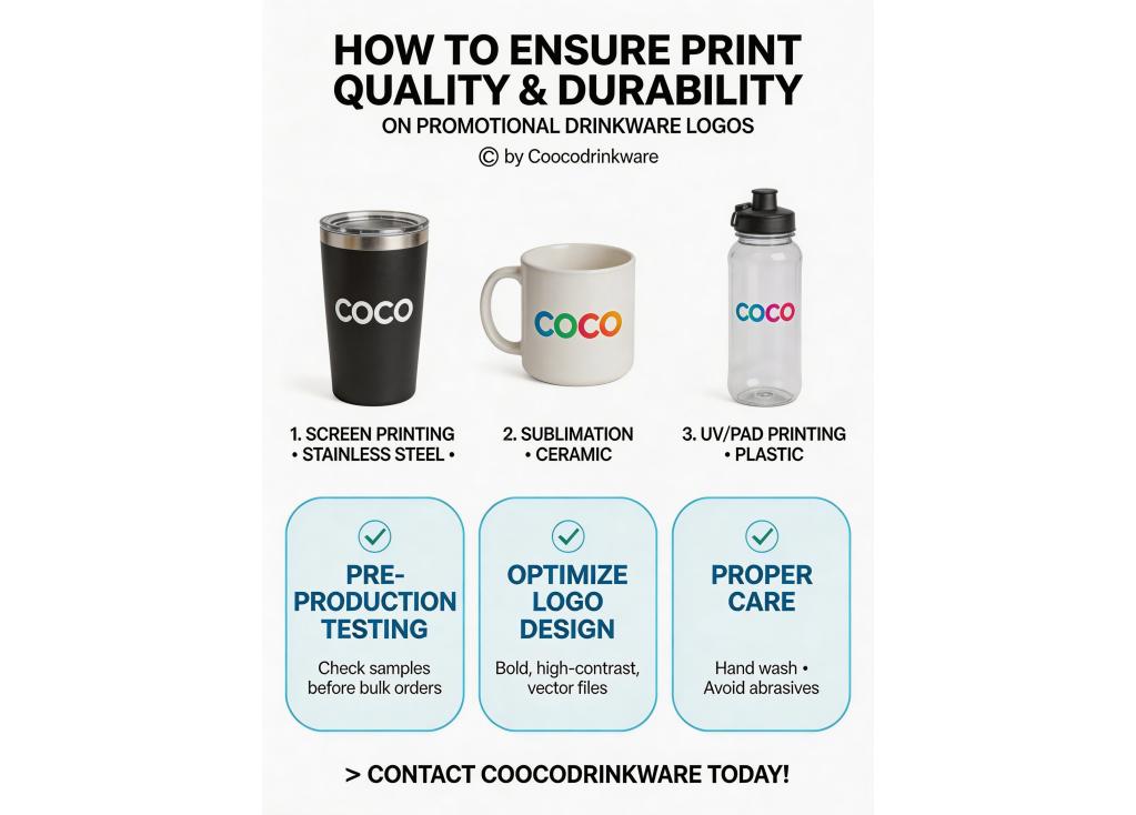 How can I ensure the print quality and durability of my logo on promotional drinkware?
