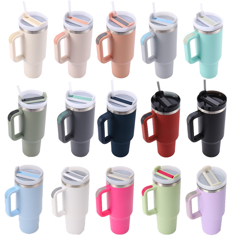 Stainless Vacuum Insulated 30oz 40oz Powder Coated Traveling Cups Coffee Mugs Tumblers Wholesale Bulk with Handle and Straw