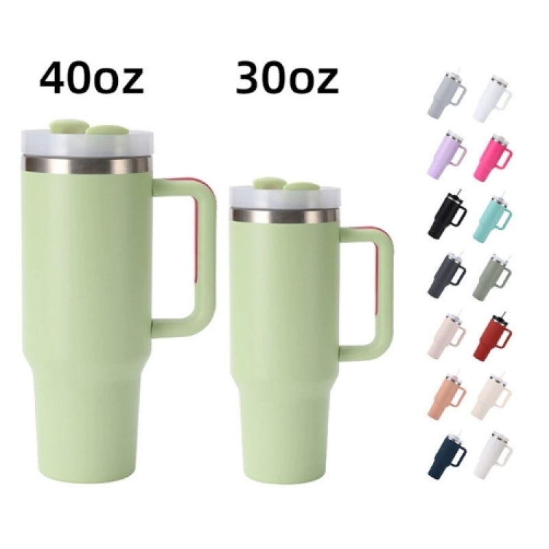Stainless Vacuum Insulated 30oz 40oz Powder Coated Traveling Cups Coffee Mugs Tumblers Wholesale Bulk with Handle and Straw