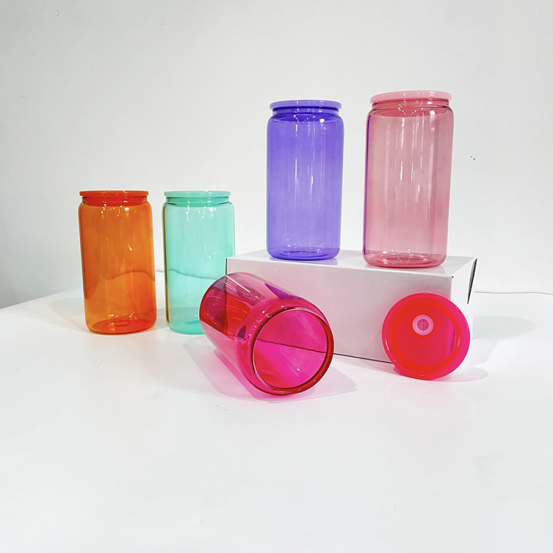 Wholesale Bulk 16oz Colored Blank Sublimation Borosilicate clear Glass Can Jelly Beer Glass Cup Elegant Shaped Drinking Glasses