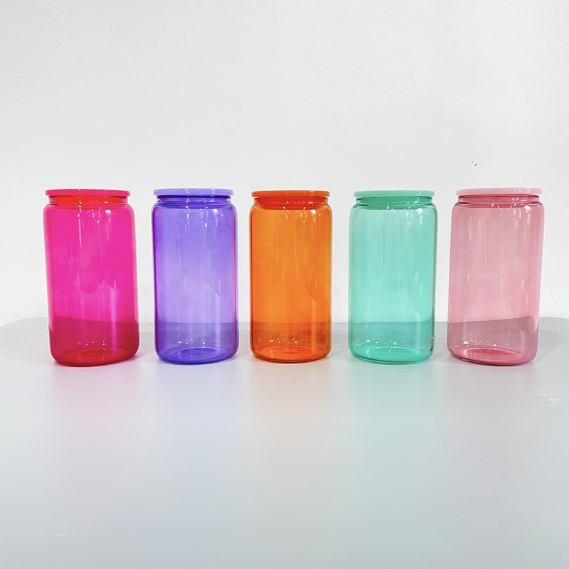 Wholesale Bulk 16oz Colored Blank Sublimation Borosilicate clear Glass Can Jelly Beer Glass Cup Elegant Shaped Drinking Glasses