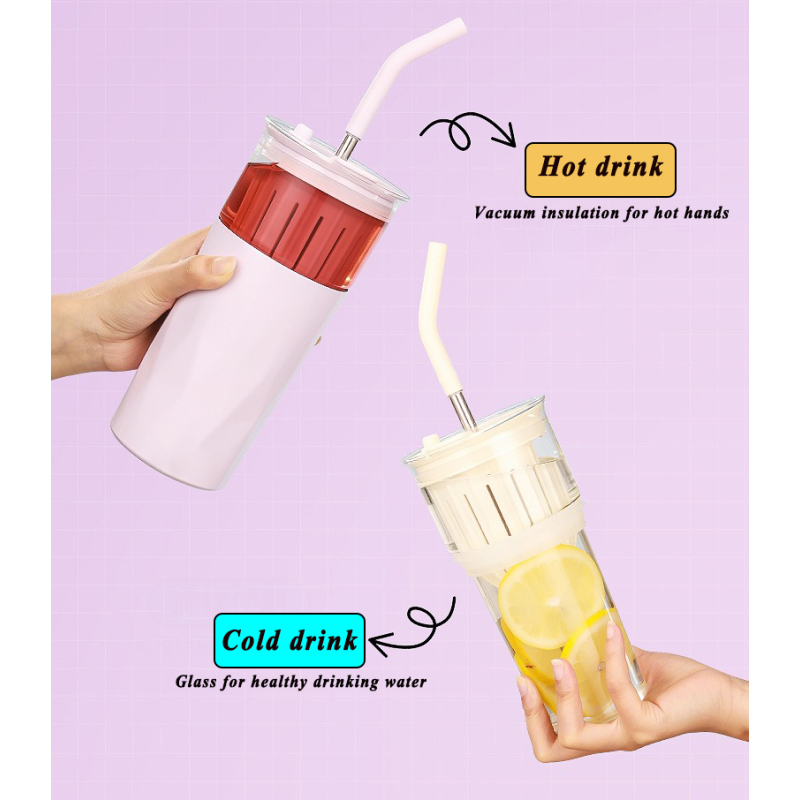 Eco-Friendly Summer Tumbler Cup 650ml Double Layer Glass 12oz Stainless Steel Water Bottle with Straw & Fruit Tea Infuser