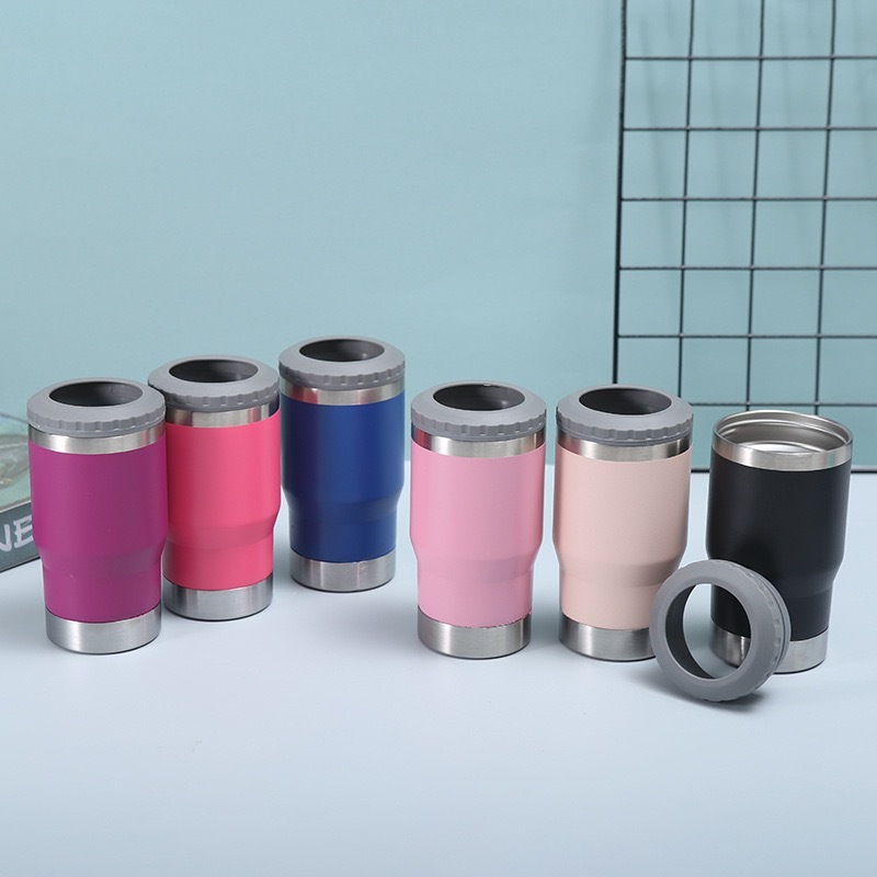 Travel Car logo Custom Insulated 4 in 1 14oz Can Cooler Stainless Steel Double Wall Beer Cooler Insulator Holder With 2 Lids