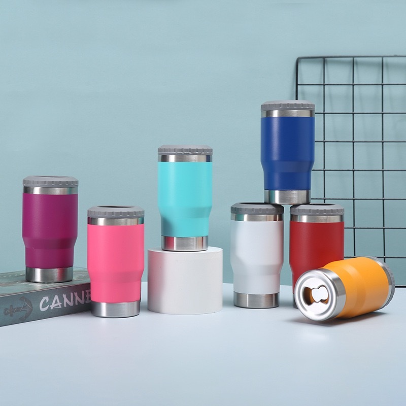 Travel Car logo Custom Insulated 4 in 1 14oz Can Cooler Stainless Steel Double Wall Beer Cooler Insulator Holder With 2 Lids