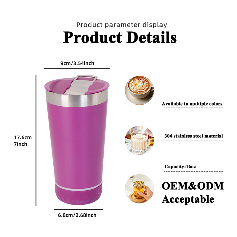 Wireless Bluetooth Music Speaker Tumbler Smart Water Bottle Stainless Steel Cup With Lids 16oz Beer Mug Tumblers Wholesale Bulk