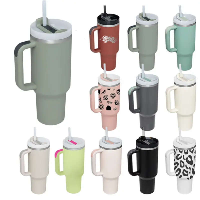 OEM ODM Design Double Wall Insulated Stainless Steel 40oz Tumbler with Handle Leak-proof Lid and Straw Travel Coffee Mug